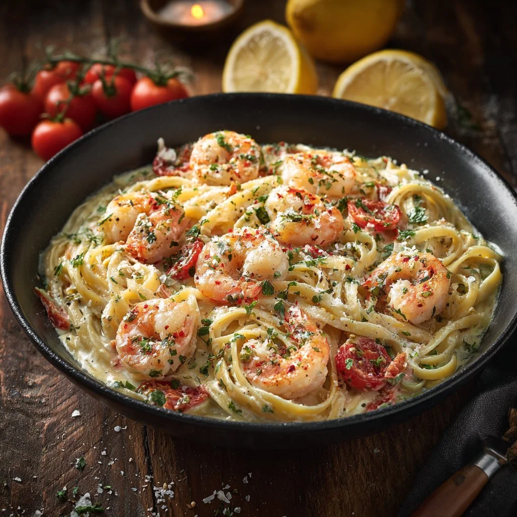 Creamy Marry Me Shrimp Pasta garnished with herbs and ready to serve.