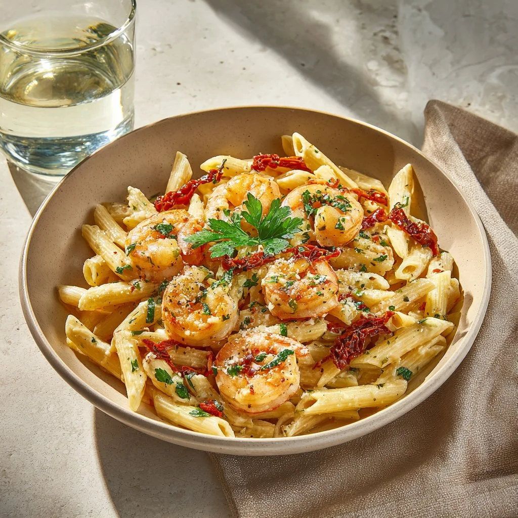 Creamy Marry Me Shrimp Pasta dish with shrimp and creamy sauce on a plate