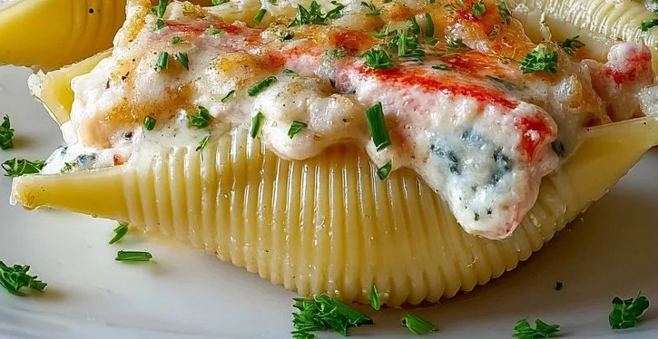 Delicious creamy seafood stuffed shells topped with cheese and herbs