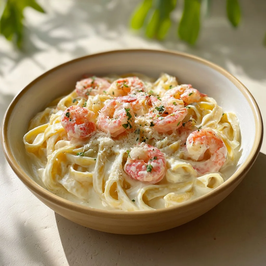 Creamy shrimp alfredo pasta dish with fresh shrimp and rich Alfredo sauce