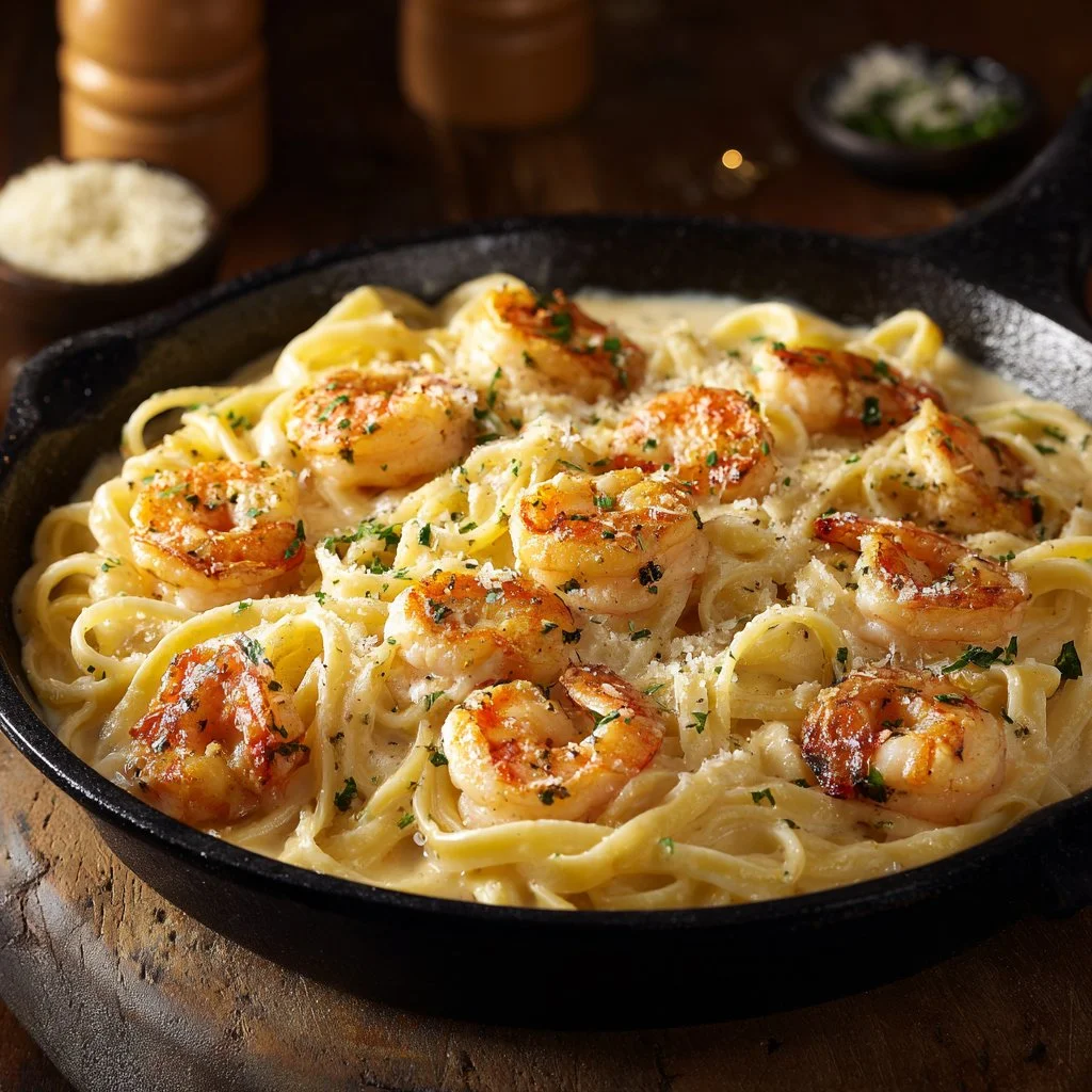 Creamy Shrimp Alfredo pasta dish with shrimp, creamy sauce, and fettuccine