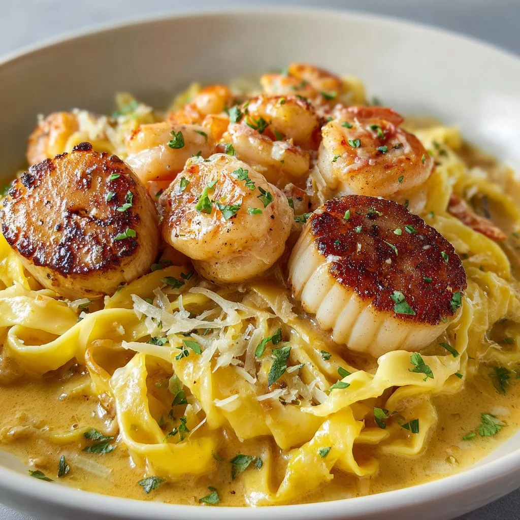 Creamy shrimp and scallop pasta dish with herbs and spices
