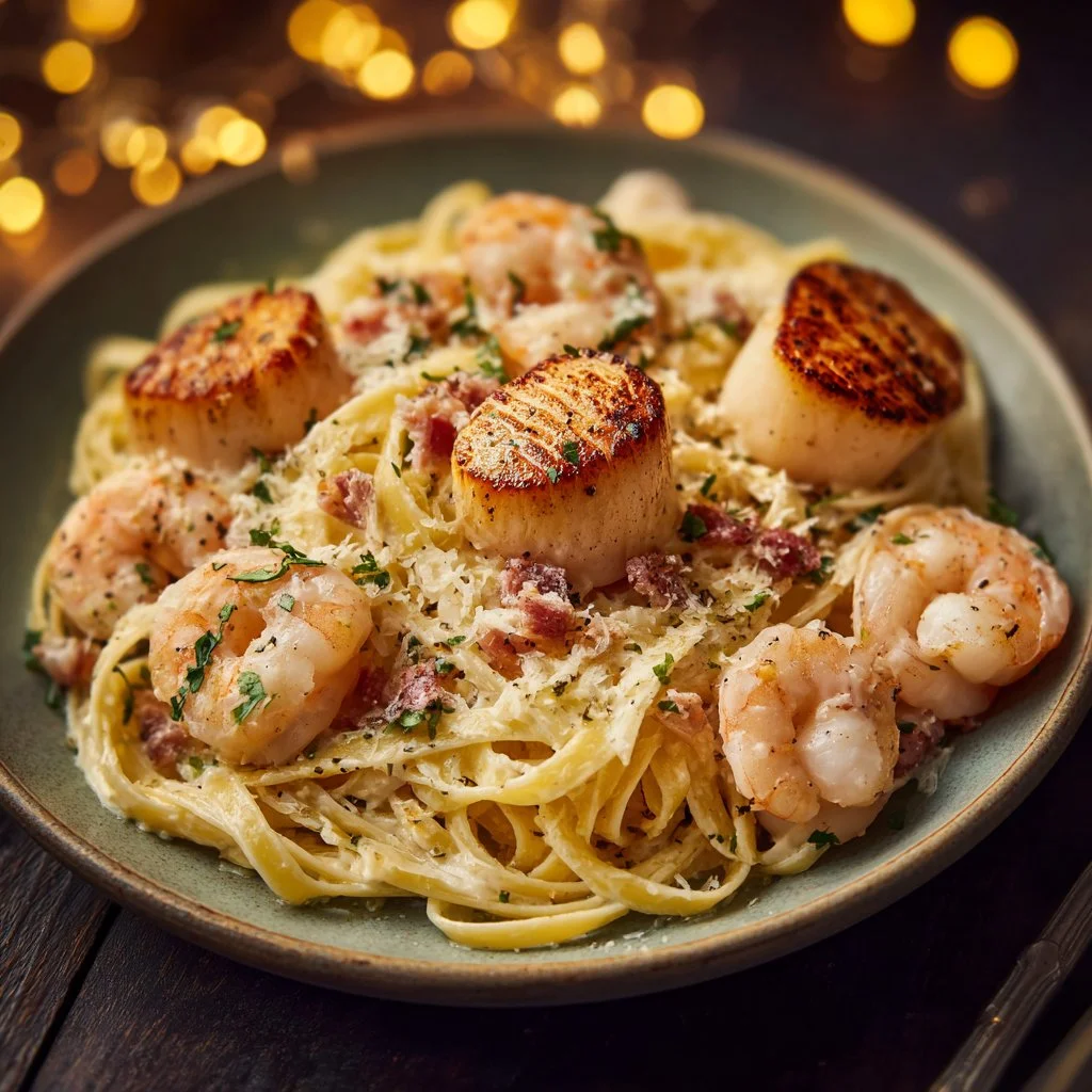 Creamy shrimp and scallop pasta garnished with parsley and lemon zest