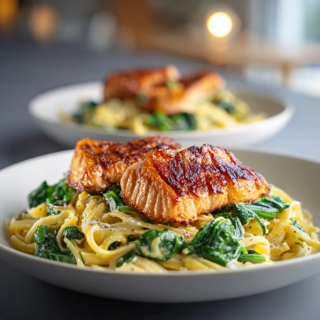 Creamy Spinach Salmon Pasta dish garnished with fresh herbs and parmesan.