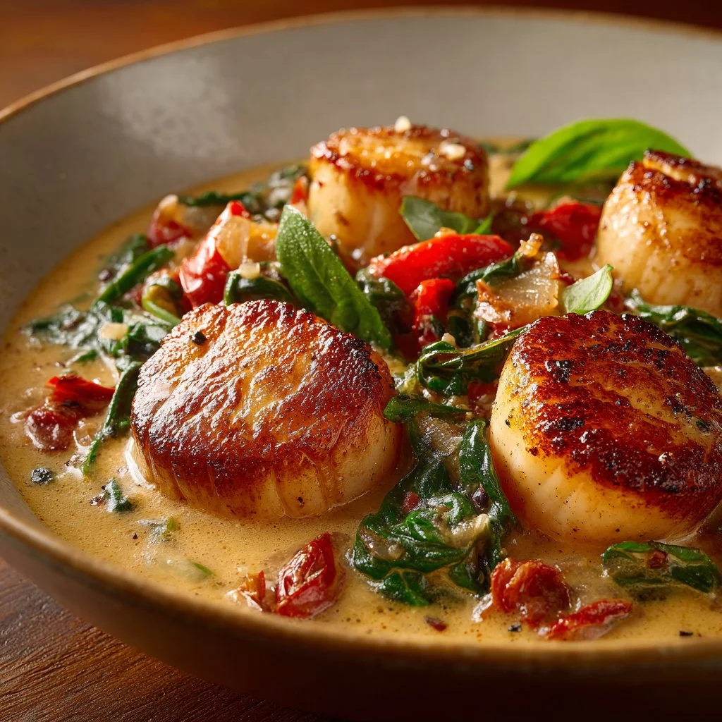 Delicious creamy Tuscan scallops served with herbs and garlic