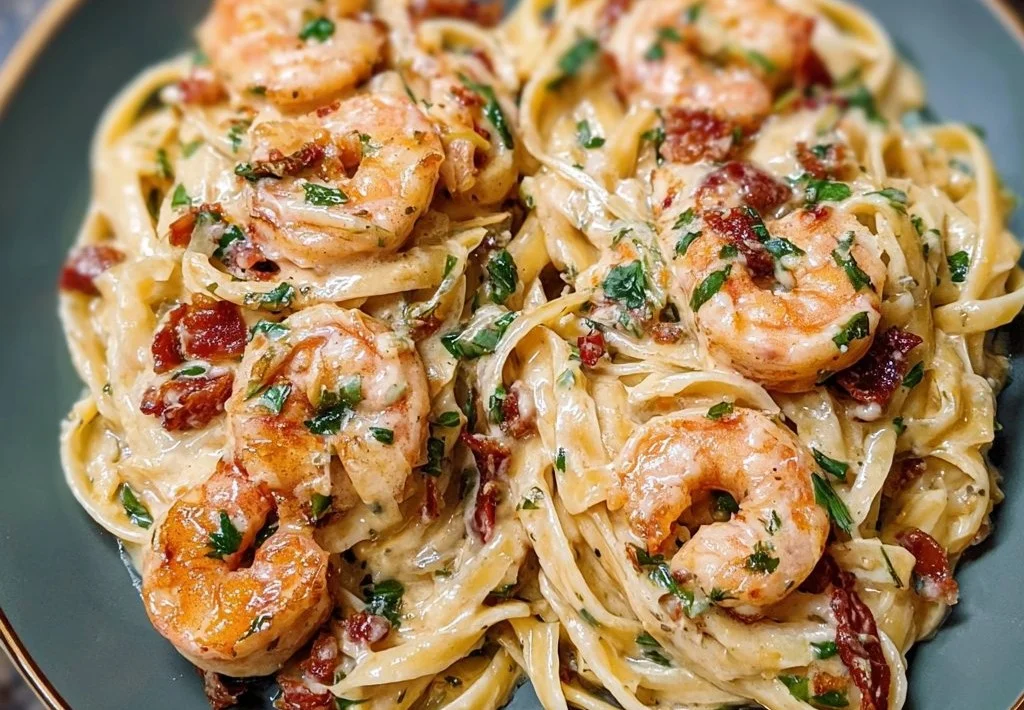 Creamy Tuscan shrimp linguine with shrimp, spinach, and garlic in a pasta dish