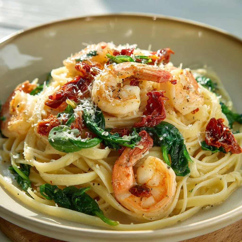 Creamy Tuscan shrimp linguine dish with vibrant colors and rich sauce