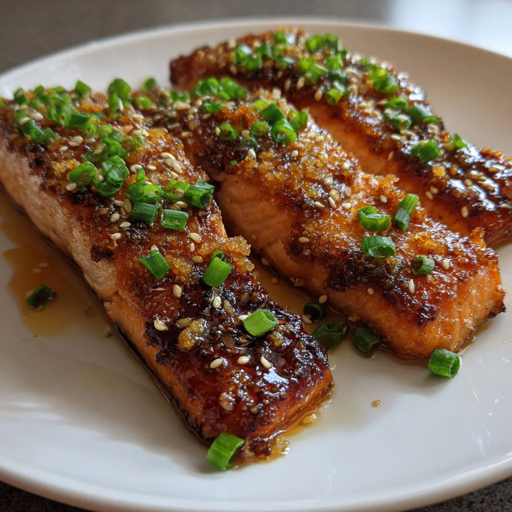 Crispy honey garlic glazed salmon fillet on a plate with fresh herbs