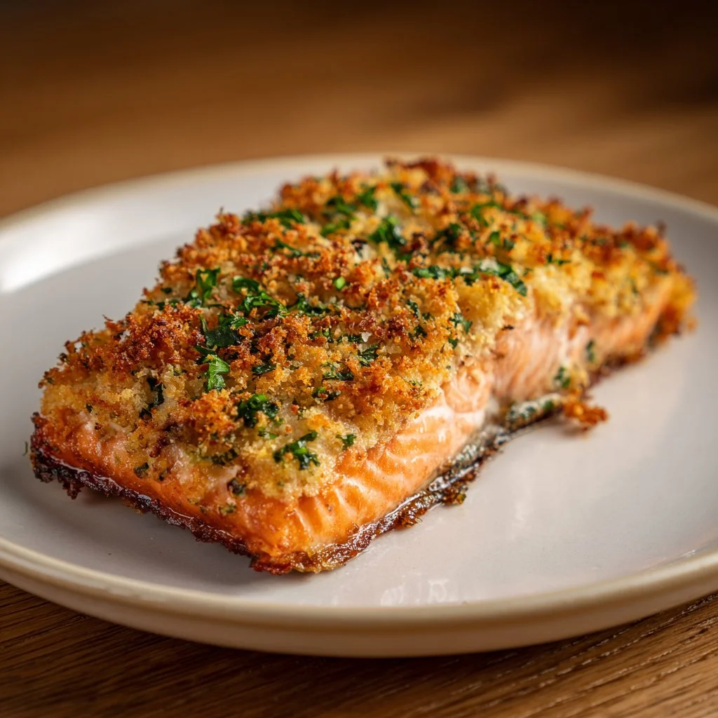 Crispy Parmesan crusted baked salmon on a plate with lemon and herbs