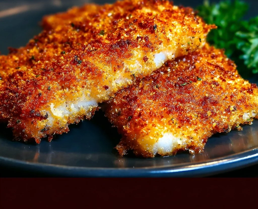 Crispy Parmesan crusted fish served on a plate with lemon and herbs