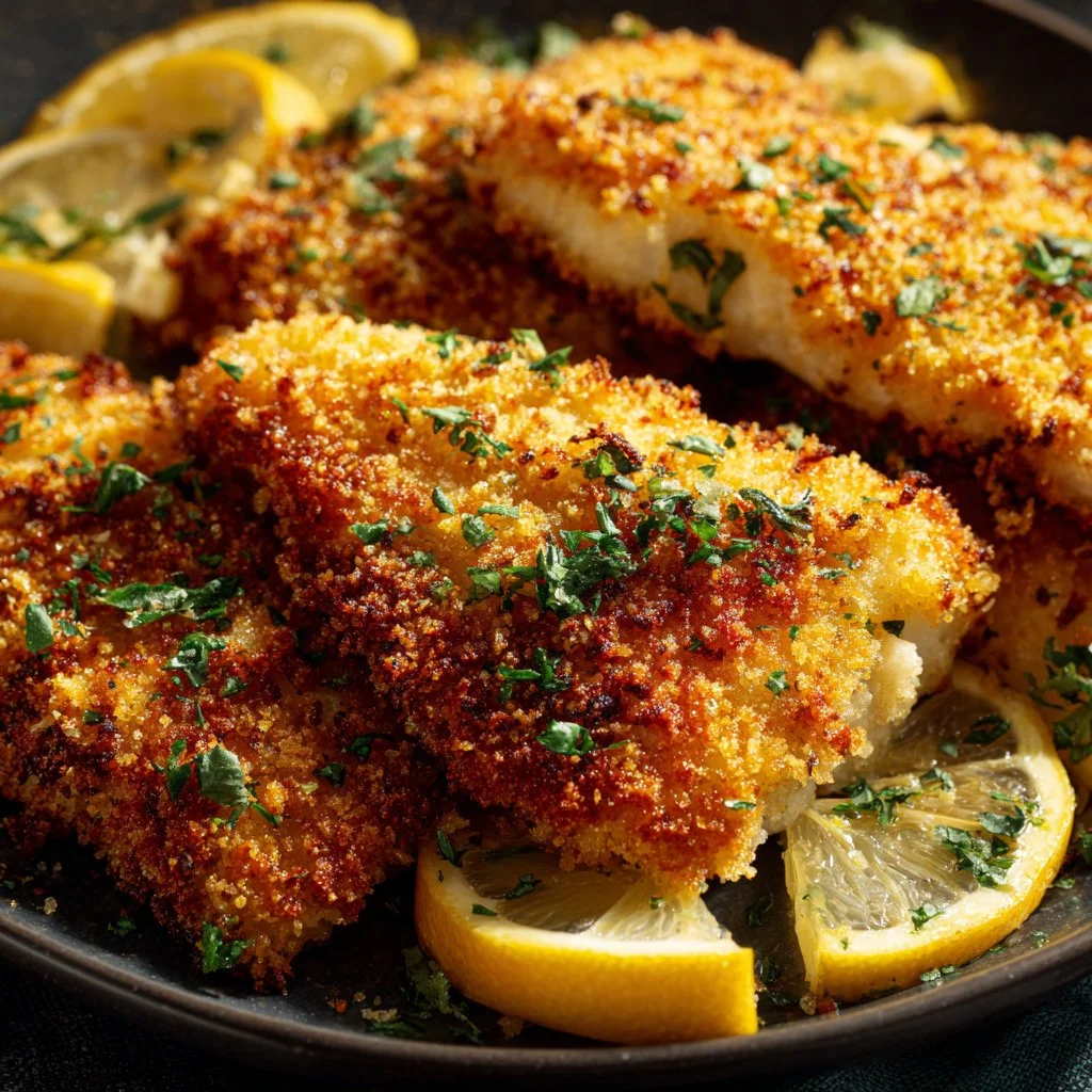 Crispy Parmesan Crusted Fish served on a plate with fresh herbs