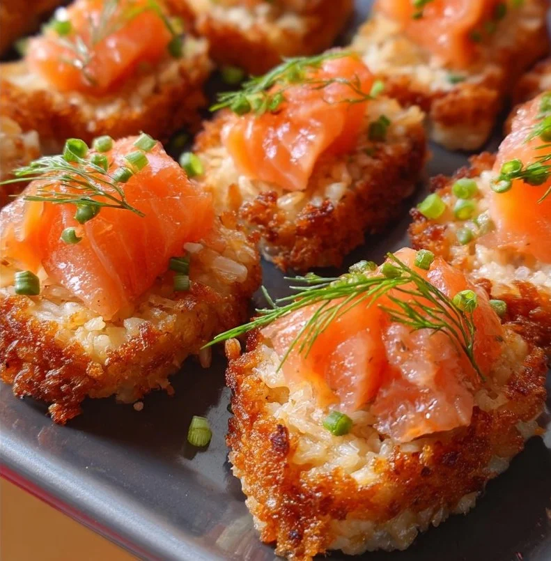 Crispy rice salmon appetizer served on a plate garnished with herbs.