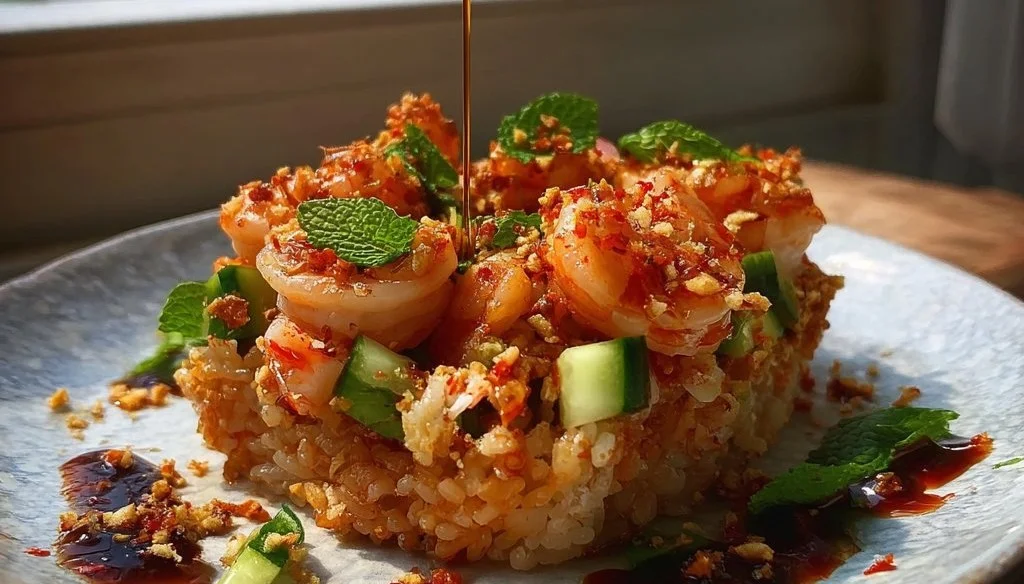 Crispy Rice served with Spicy Shrimp Salad in a vibrant bowl