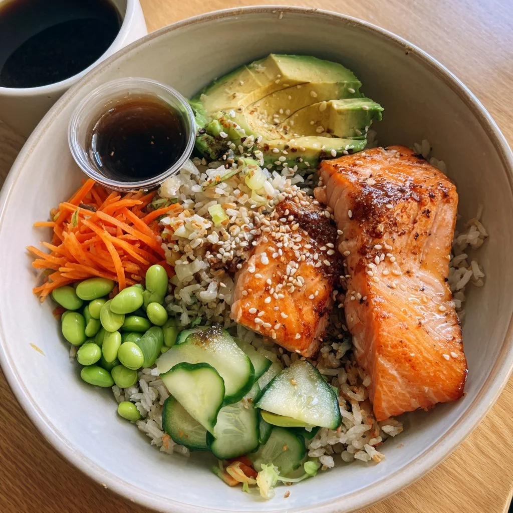 Crispy salmon served in a delicious rice bowl with vibrant vegetables