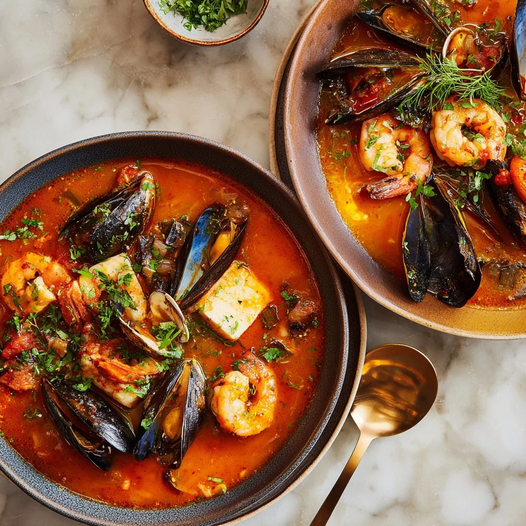 Bowl of easy cioppino seafood stew with fresh fish and shellfish