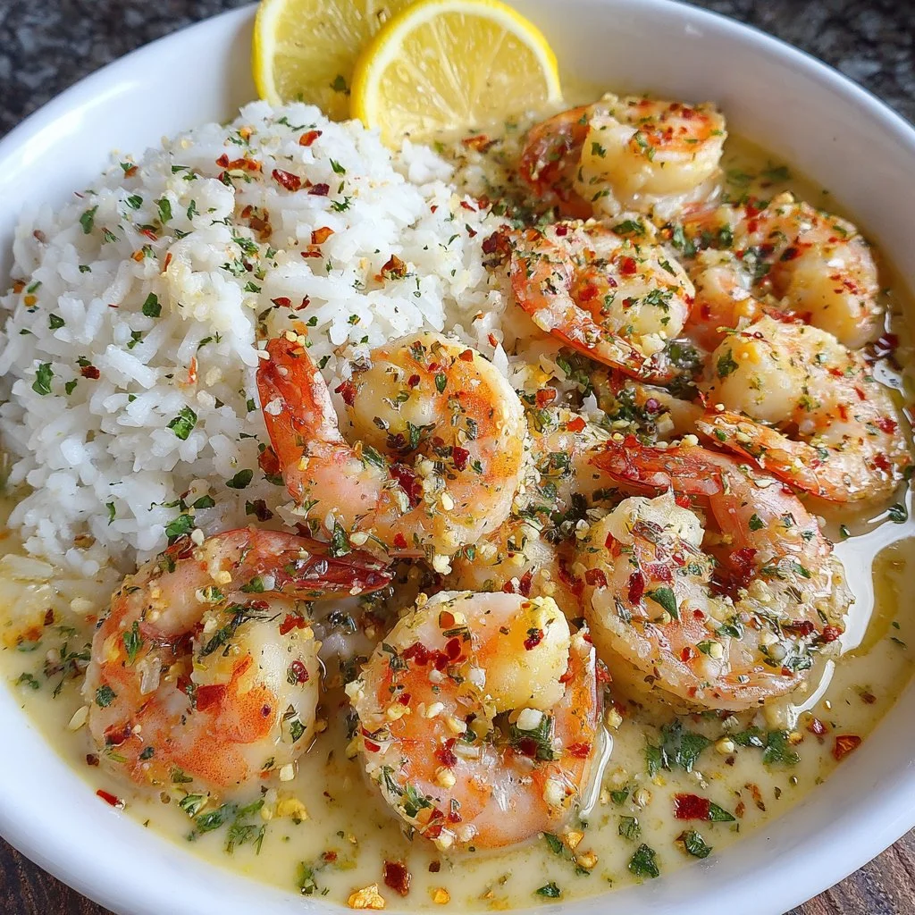 Delicious Easy Creamy Garlic Butter Shrimp served on a white plate