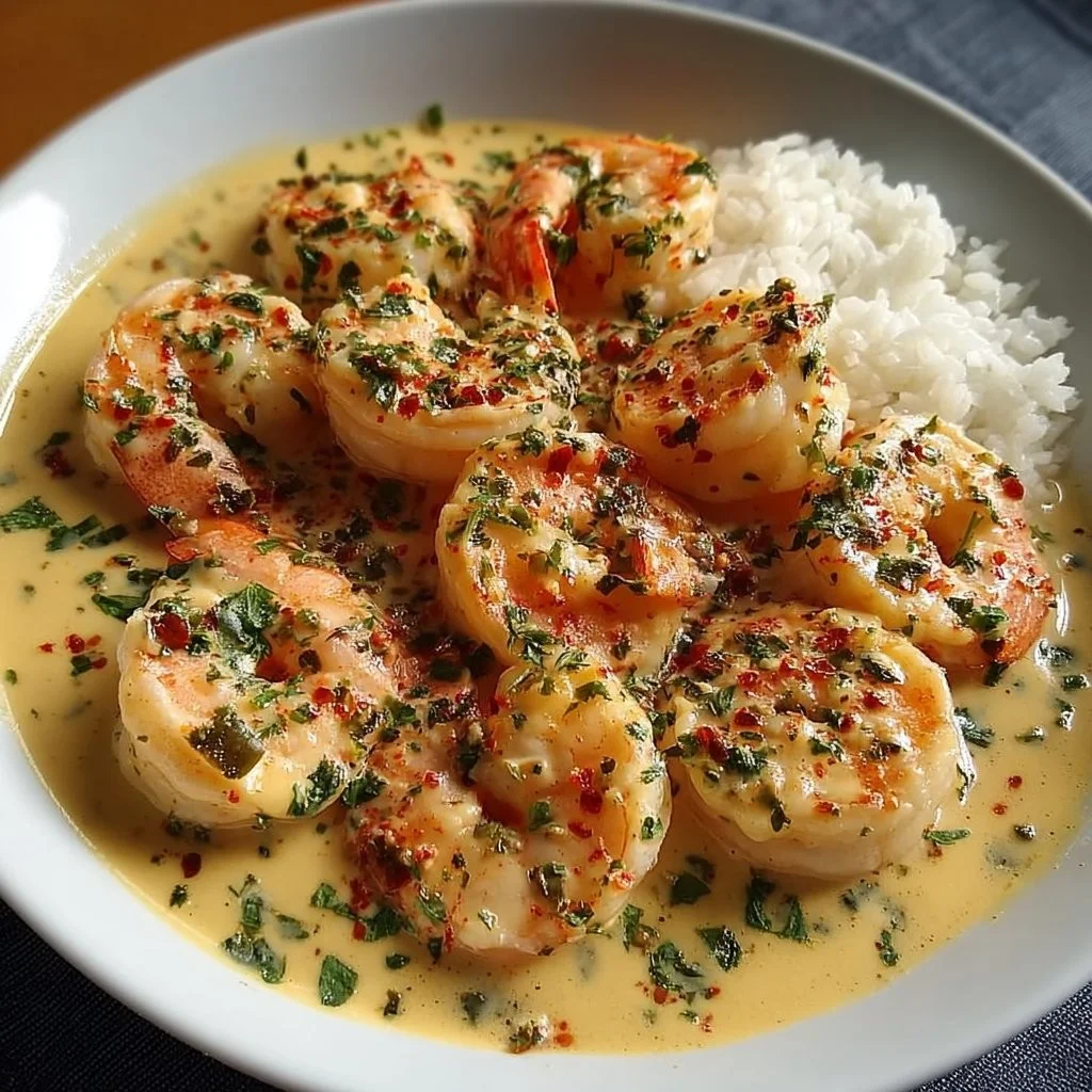 Delicious easy creamy garlic shrimp served in a bowl with herbs