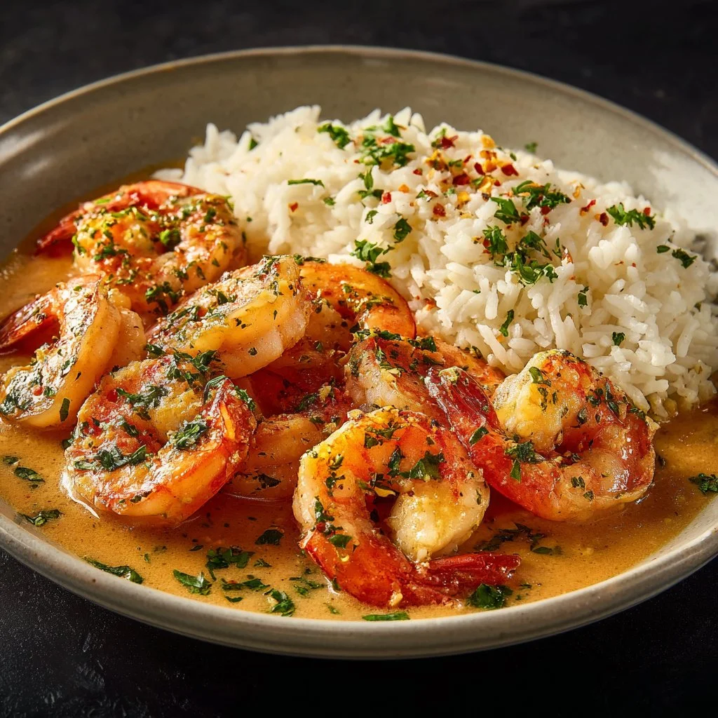 Delicious easy creamy garlic shrimp served on a plate with herbs.