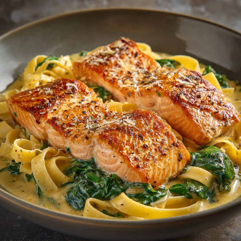 Creamy salmon florentine dish served on a plate with spinach and herbs.