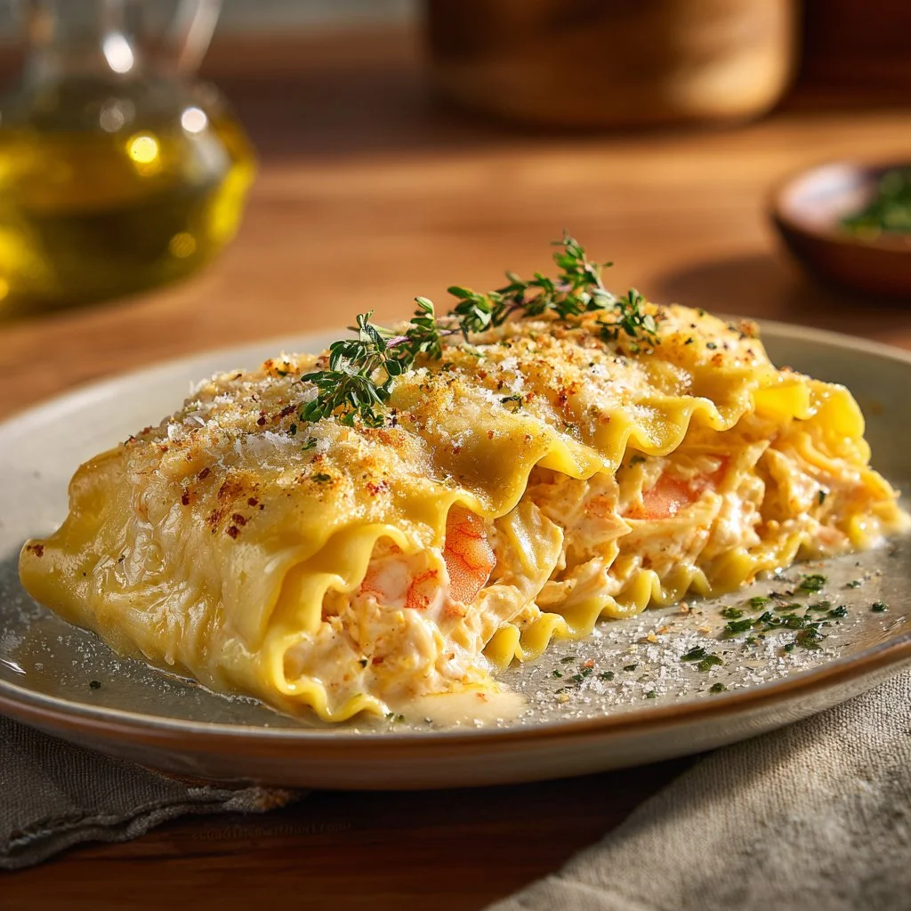 Delicious homemade shrimp and crab lasagna roll-ups with creamy sauce