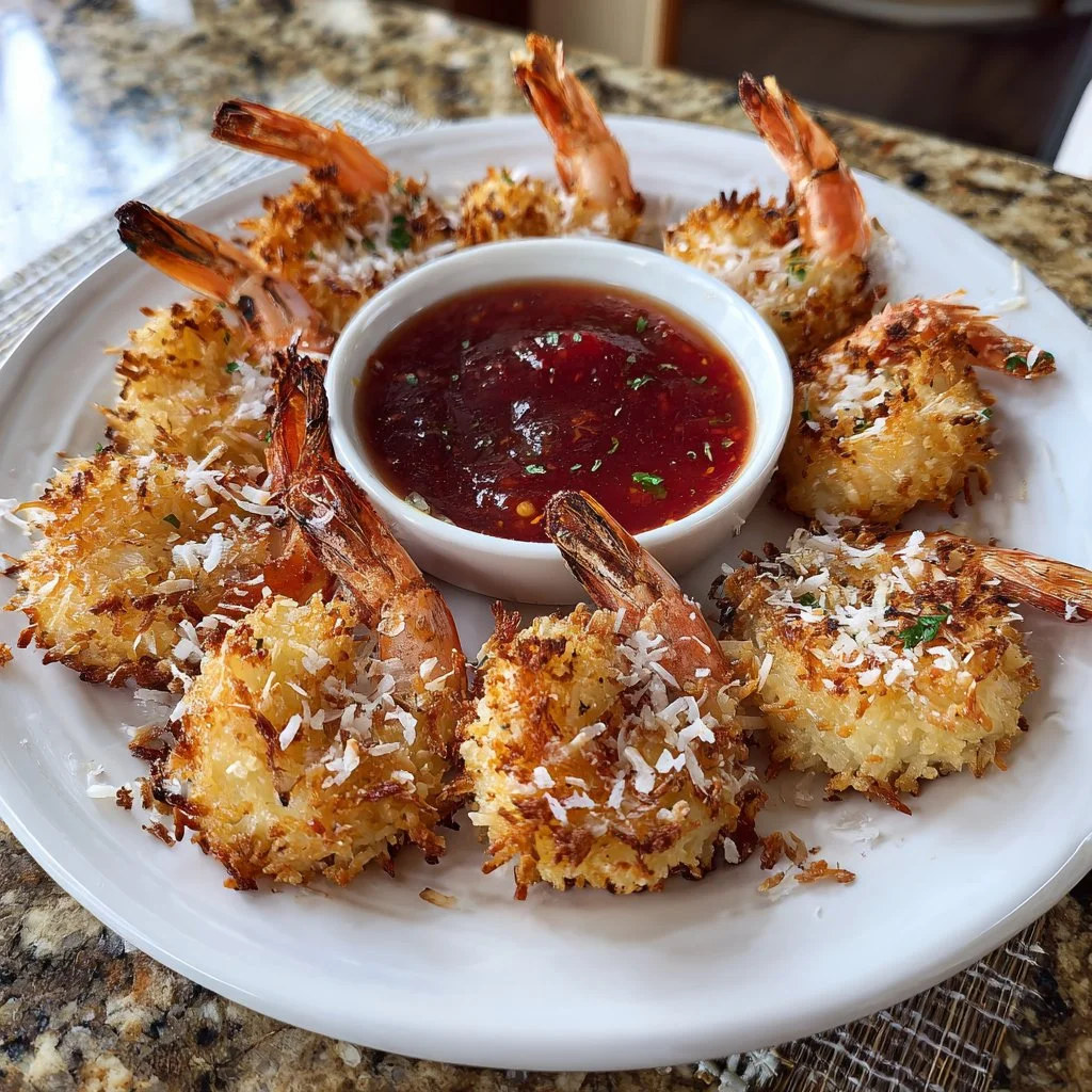 Plate of easy crispy coconut shrimp with dipping sauce and garnishes