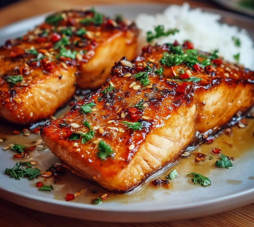 Crispy honey garlic glazed salmon fillet garnished with herbs
