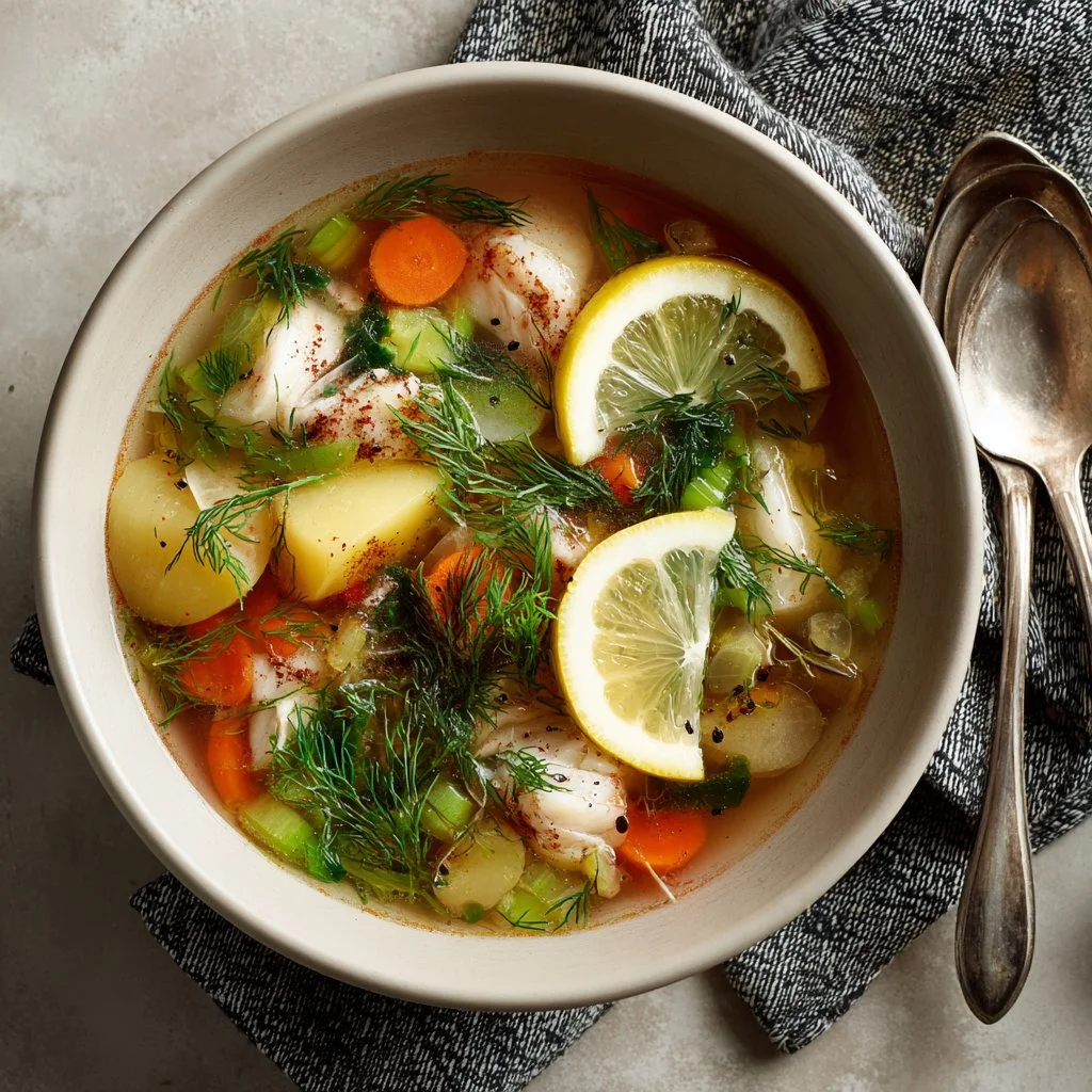A bowl of easy fish head soup (Ukha) garnished with herbs and spices.