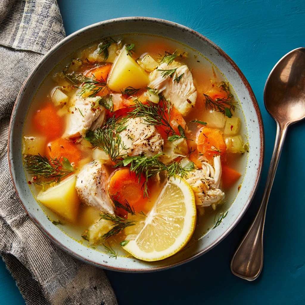 A bowl of delicious easy fish head soup (Ukha) garnished with herbs