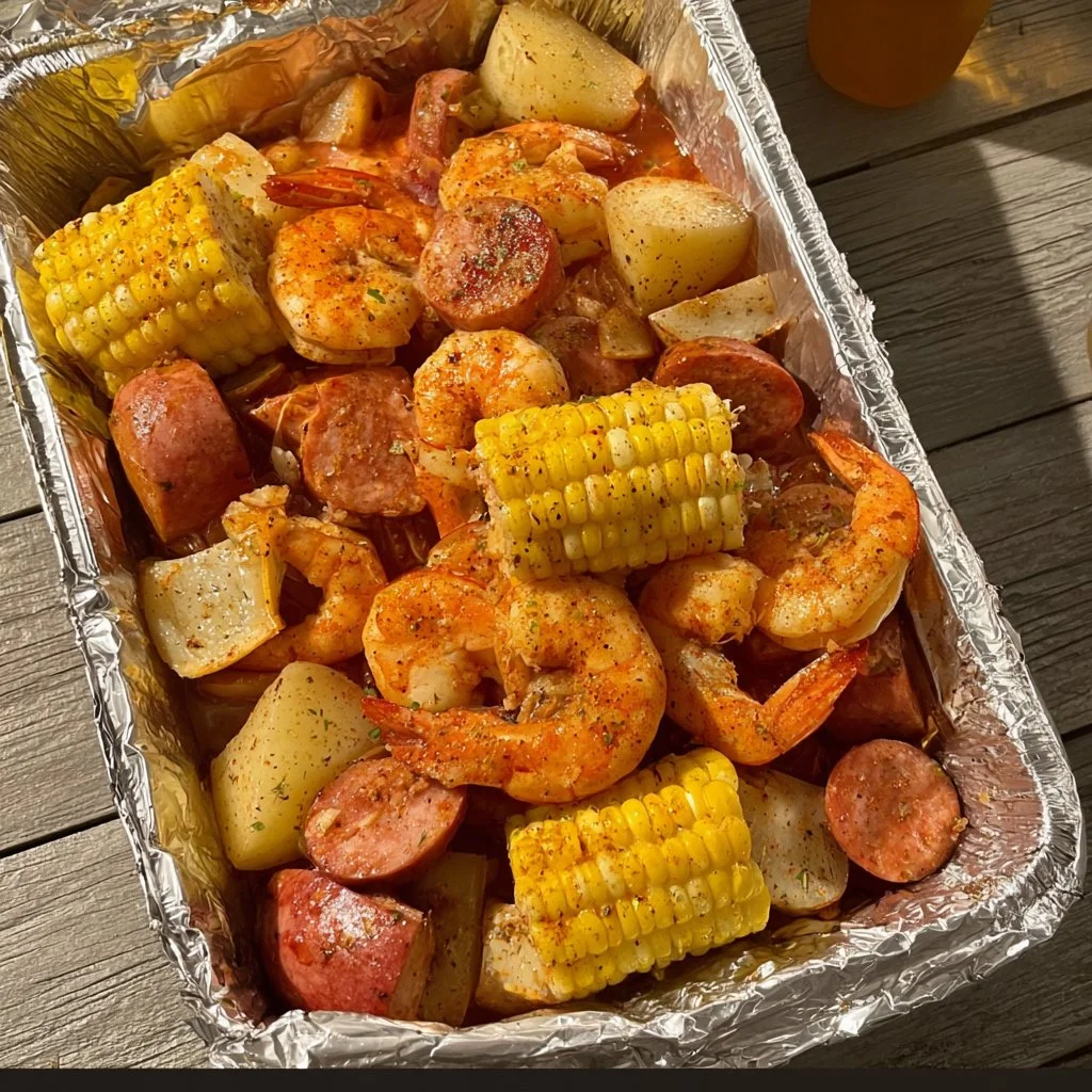 A vibrant plate of easy shrimp boil with potatoes and corn on a picnic table.