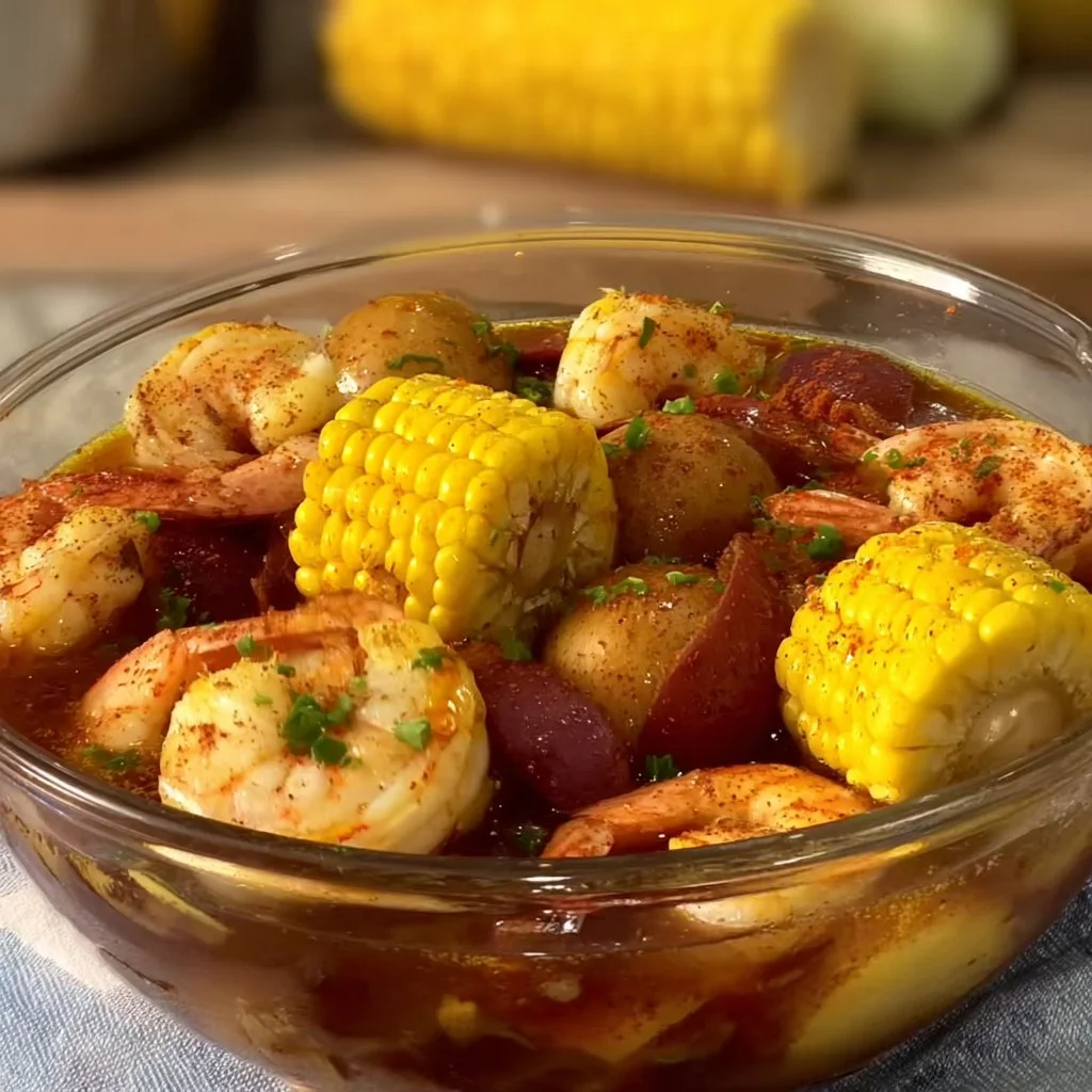 Delicious easy shrimp boil served in a rustic bowl with spices and vegetables.
