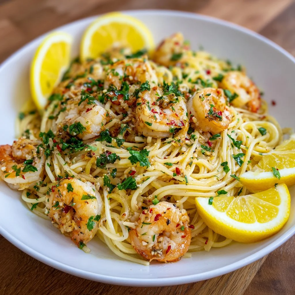 Delicious easy shrimp scampi dish served with pasta and herbs