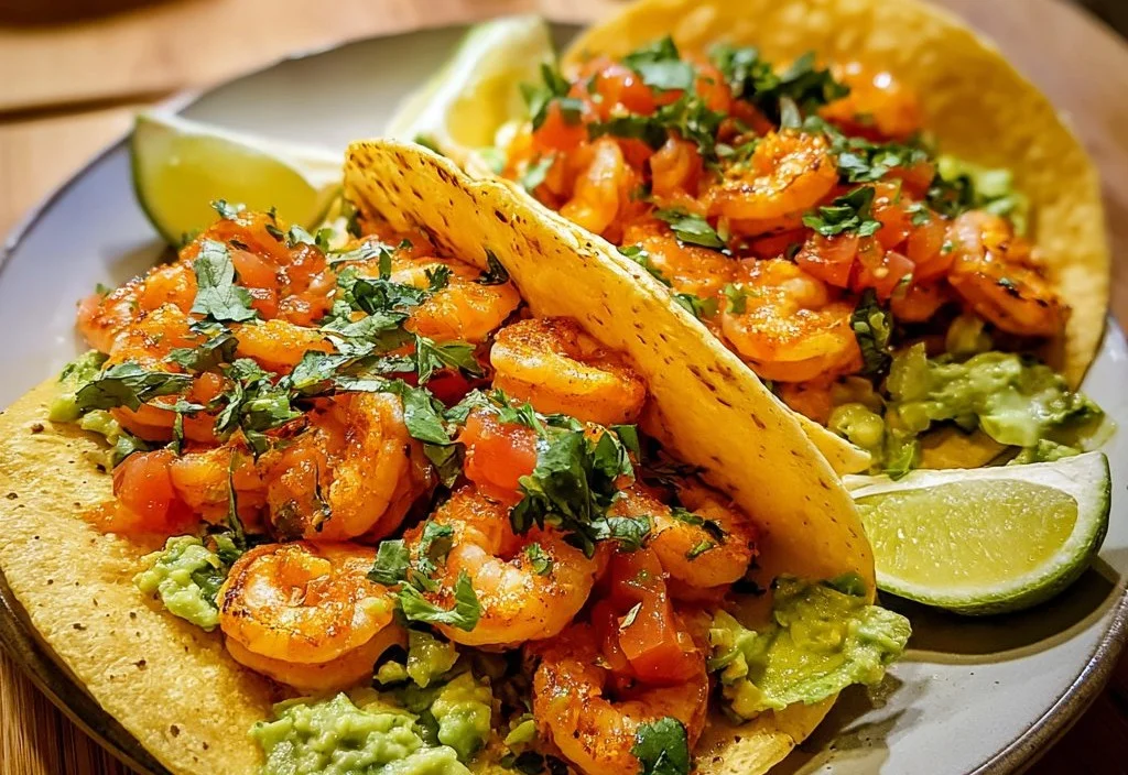 Delicious easy shrimp tacos served with fresh toppings and lime wedges.
