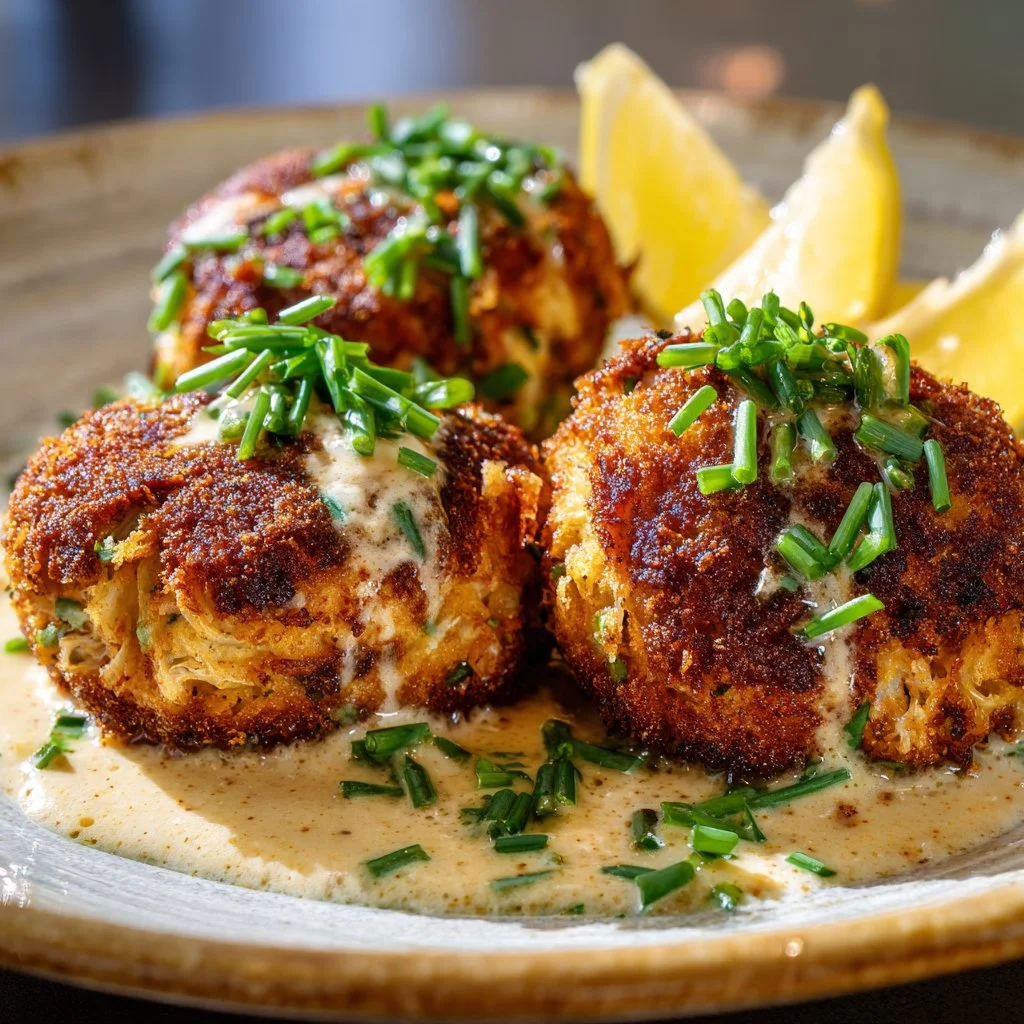 Delicious Famous Crab Bombs served on a plate with a dipping sauce