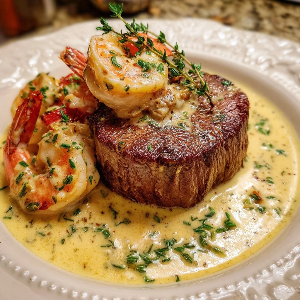 Filet mignon topped with shrimp in lobster cream sauce, a gourmet dish.