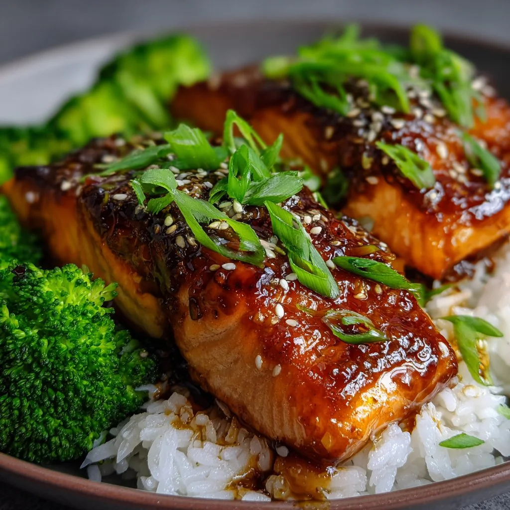 Delicious Firecracker Salmon garnished with fresh herbs