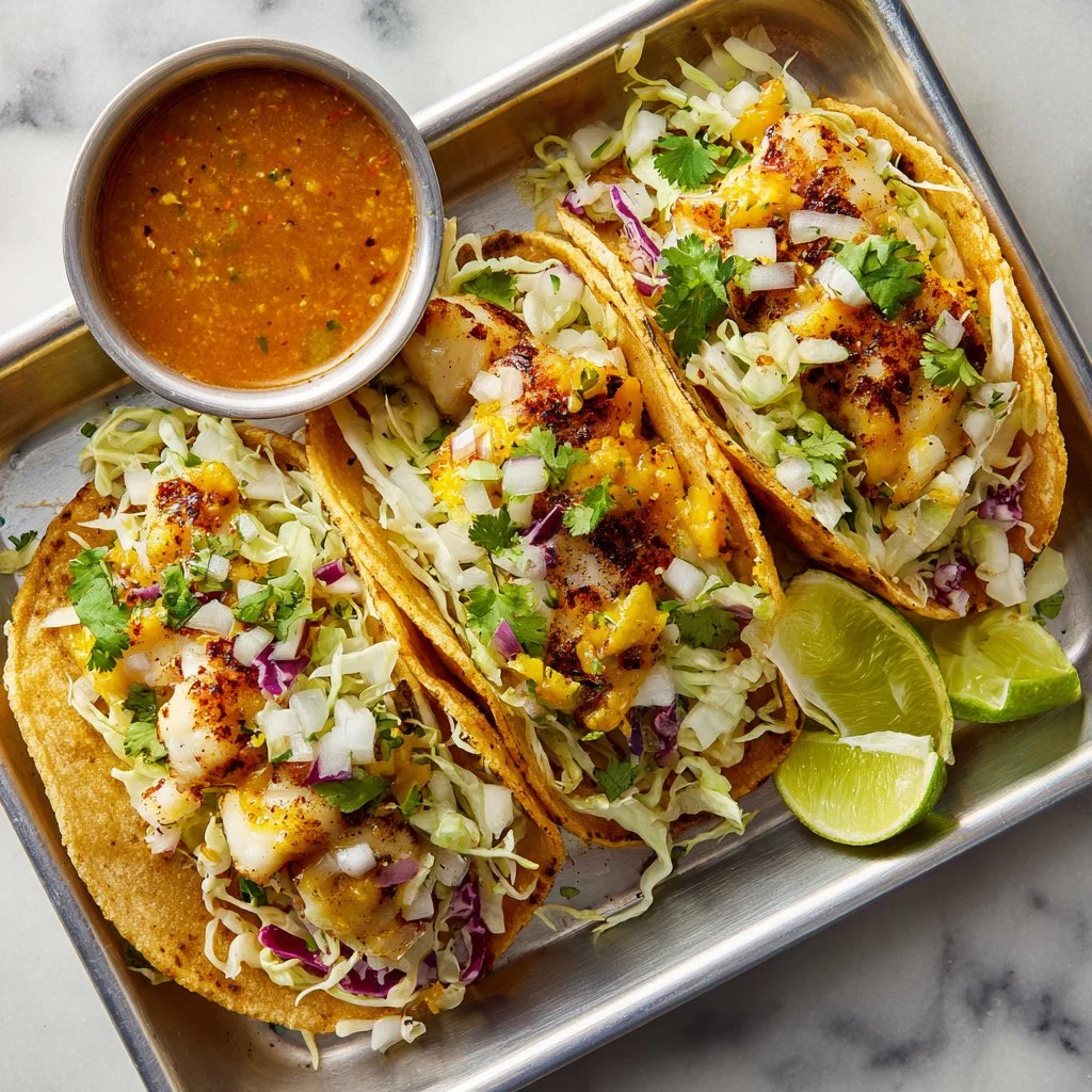 Delicious fish tacos with fresh ingredients and toppings on a plate