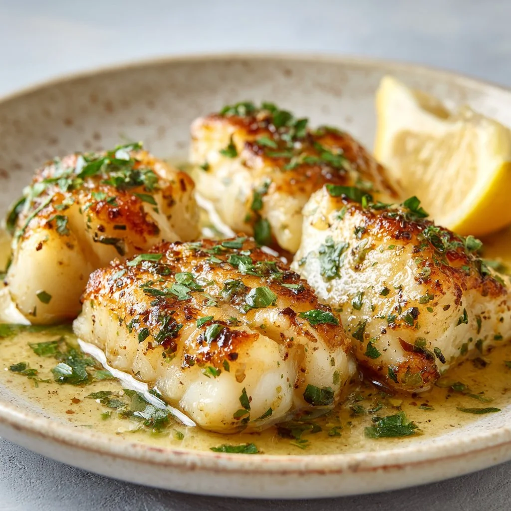 Delicious Garlic Butter Baked Cod served with lemon and herbs