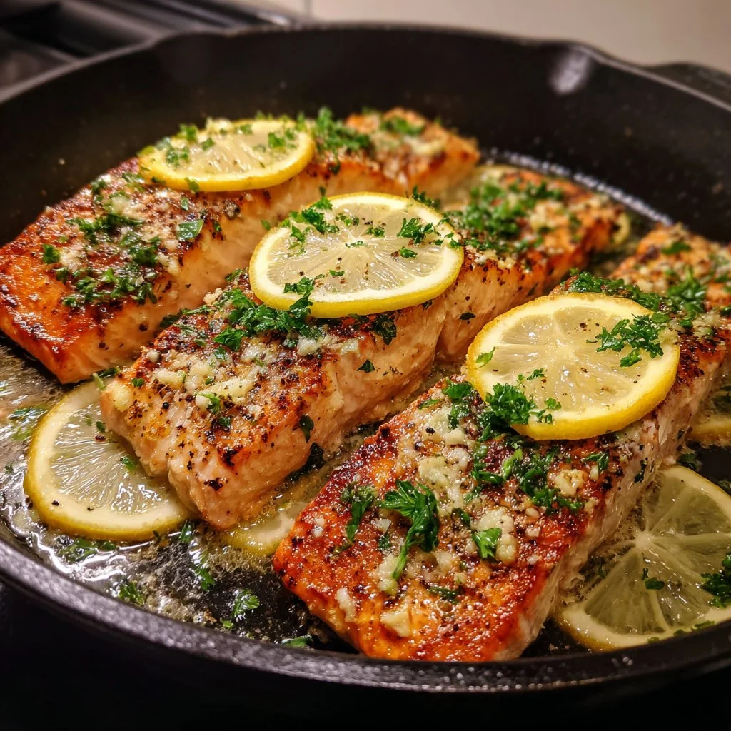 Delicious Garlic Butter Lemon Salmon garnished with herbs and lemon slices.