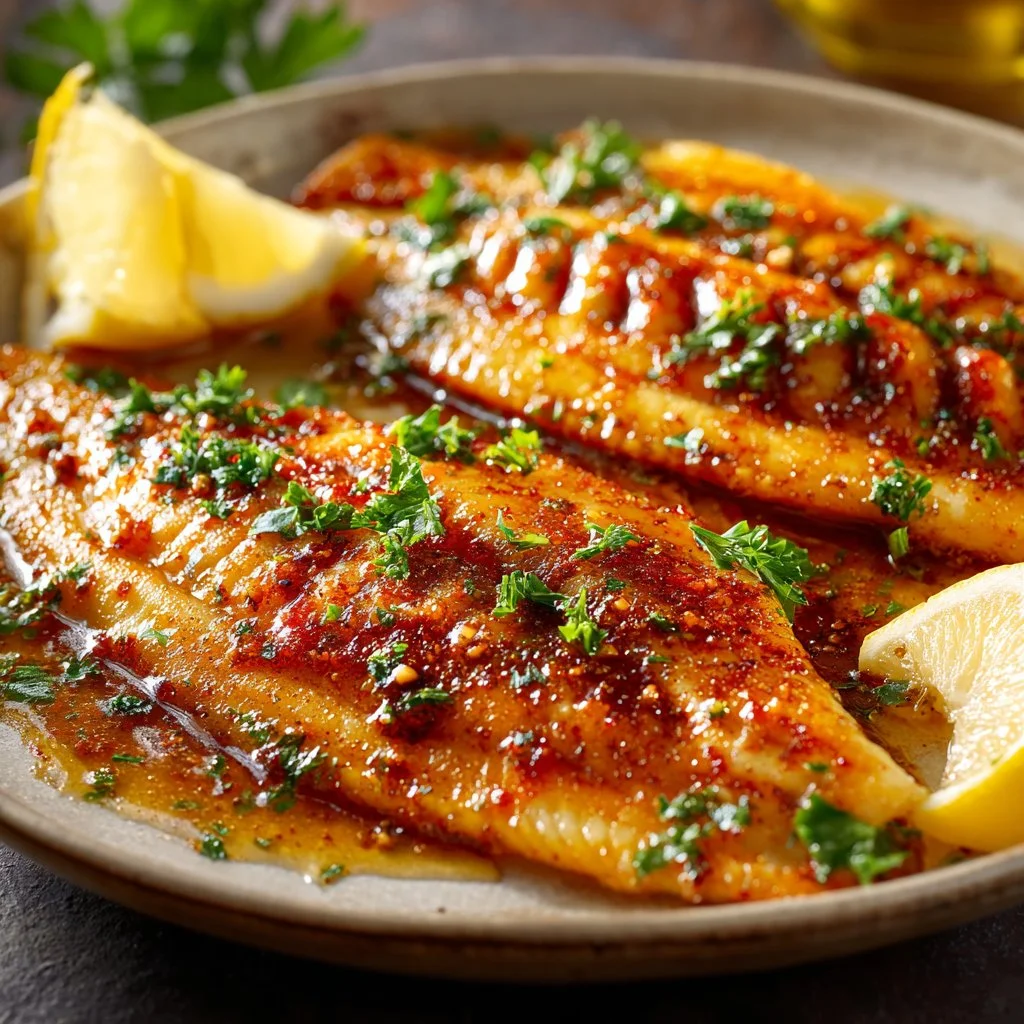 Plate of garlic butter oven baked tilapia garnished with herbs