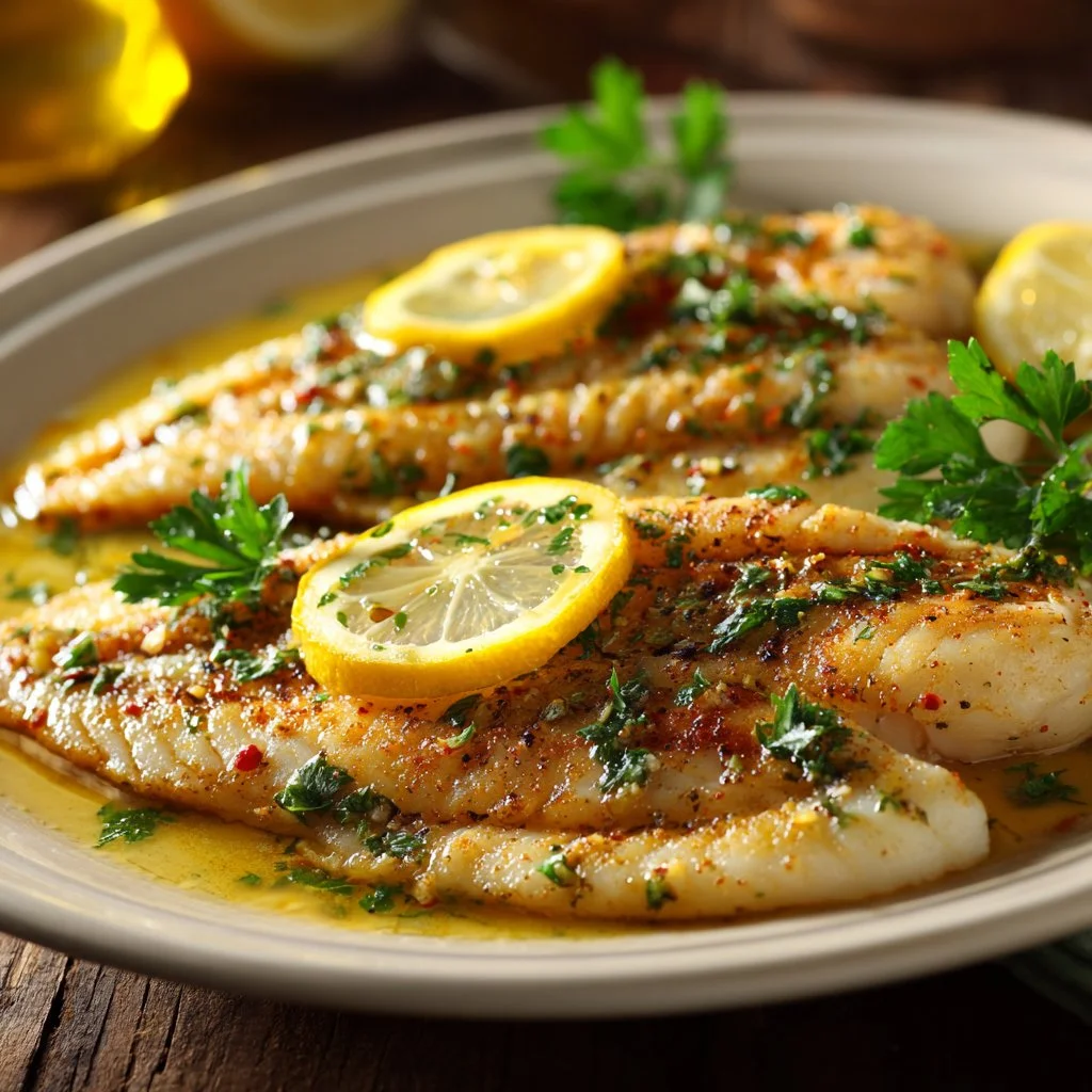 Oven baked garlic butter tilapia served on a plate with herbs