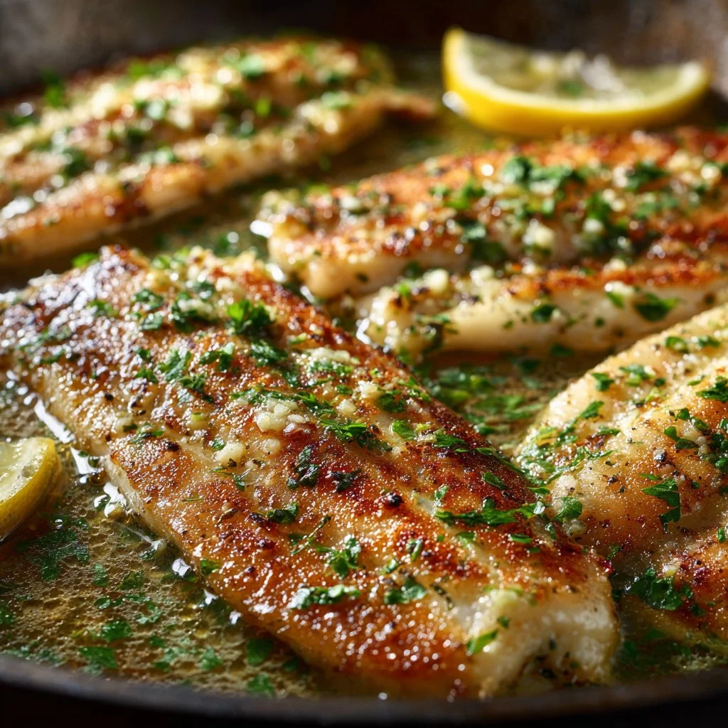 Garlic butter oven baked tilapia served on a plate with fresh herbs.