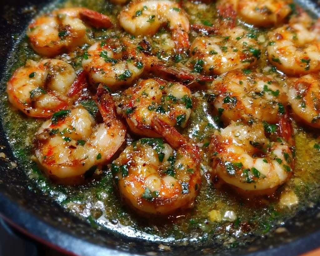 Garlic Butter Shrimp served on a plate garnished with herbs and lemon
