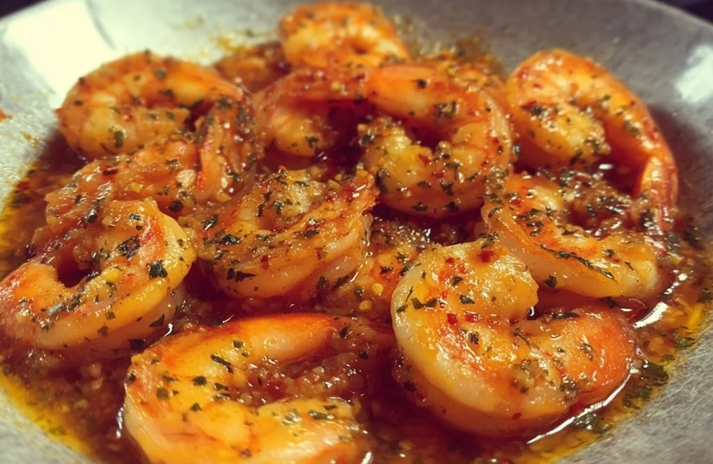 Delicious Garlic Butter Shrimp served in a skillet with herbs and spices