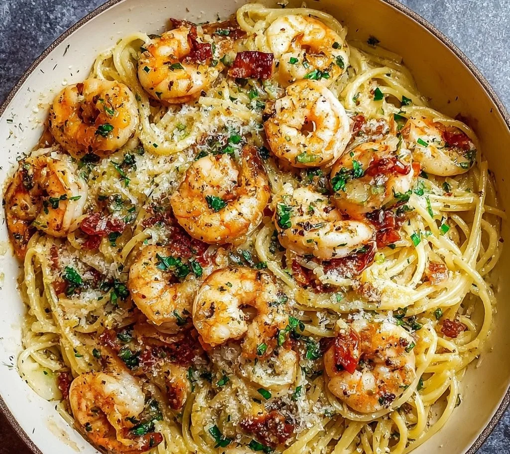 Delicious garlic butter shrimp pasta served in a bowl with parsley garnish.