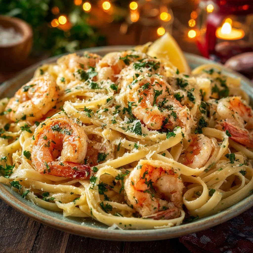 Garlic Butter Shrimp Pasta with fresh ingredients and herbs served in a bowl