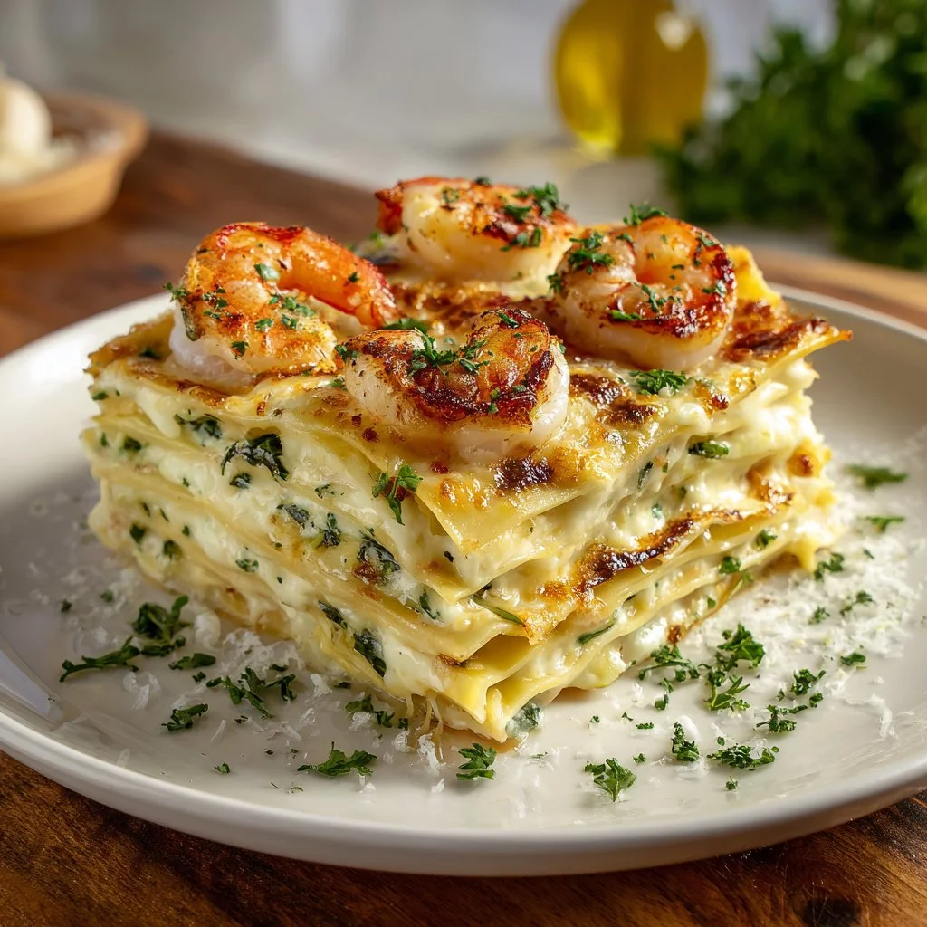 Garlic Butter Shrimp Scampi Lasagna with layers of shrimp and creamy sauce