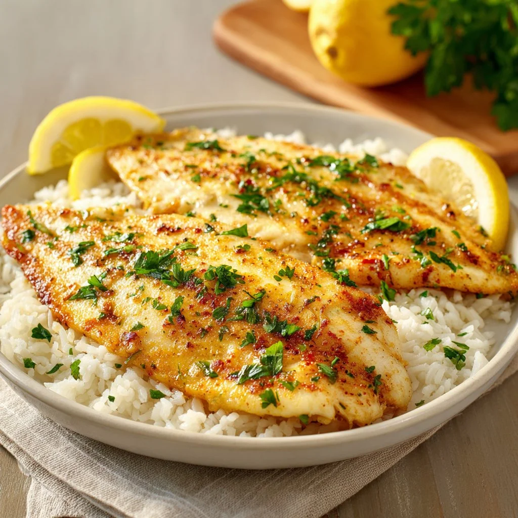 Garlic Butter Tilapia fillet served with rice on a plate