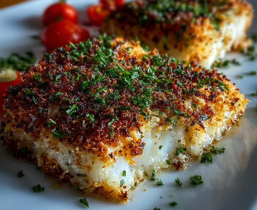 Garlic Parmesan Crusted Halibut fillets on a plate, garnished with herbs