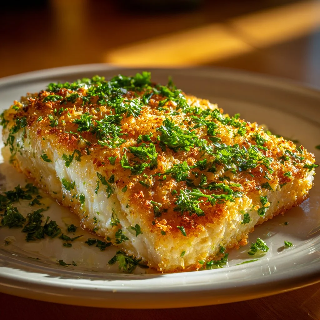 Garlic Parmesan Crusted Halibut served on a plate with a side of vegetables
