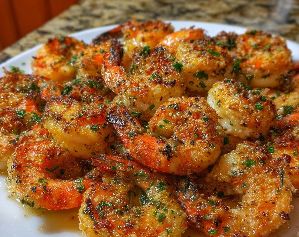 Plate of garlic parmesan roasted shrimp garnished with parsley